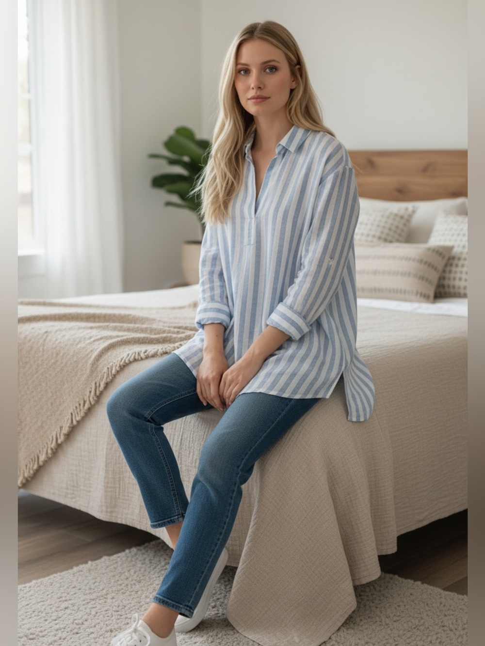 Martha Stewart 100% Linen Blie/White Stripe Long Sleeve V-Neck Blouse SzM. NWOT